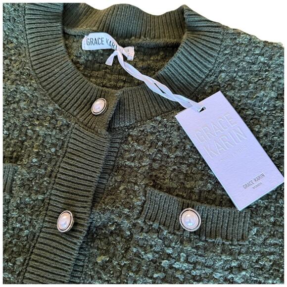 Classic Olive Green Textured Knit Cardigan with Pearl Buttons Cozy Large NWT - Picture 6 of 8